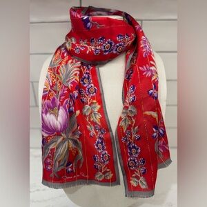 🧣Oscar de la Renta Signed Silk Floral Red, Gray & Pink Scarf ❤️🌺🩶